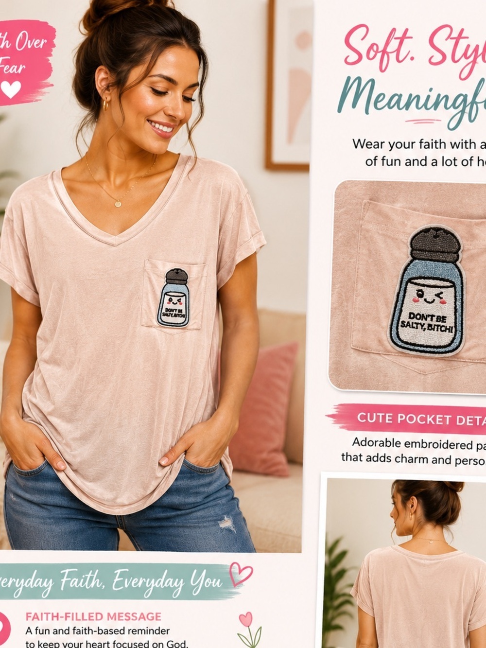 Don’t be a salty b Women's Soft V-Neck Pocket Tee - Light Blush LARGE